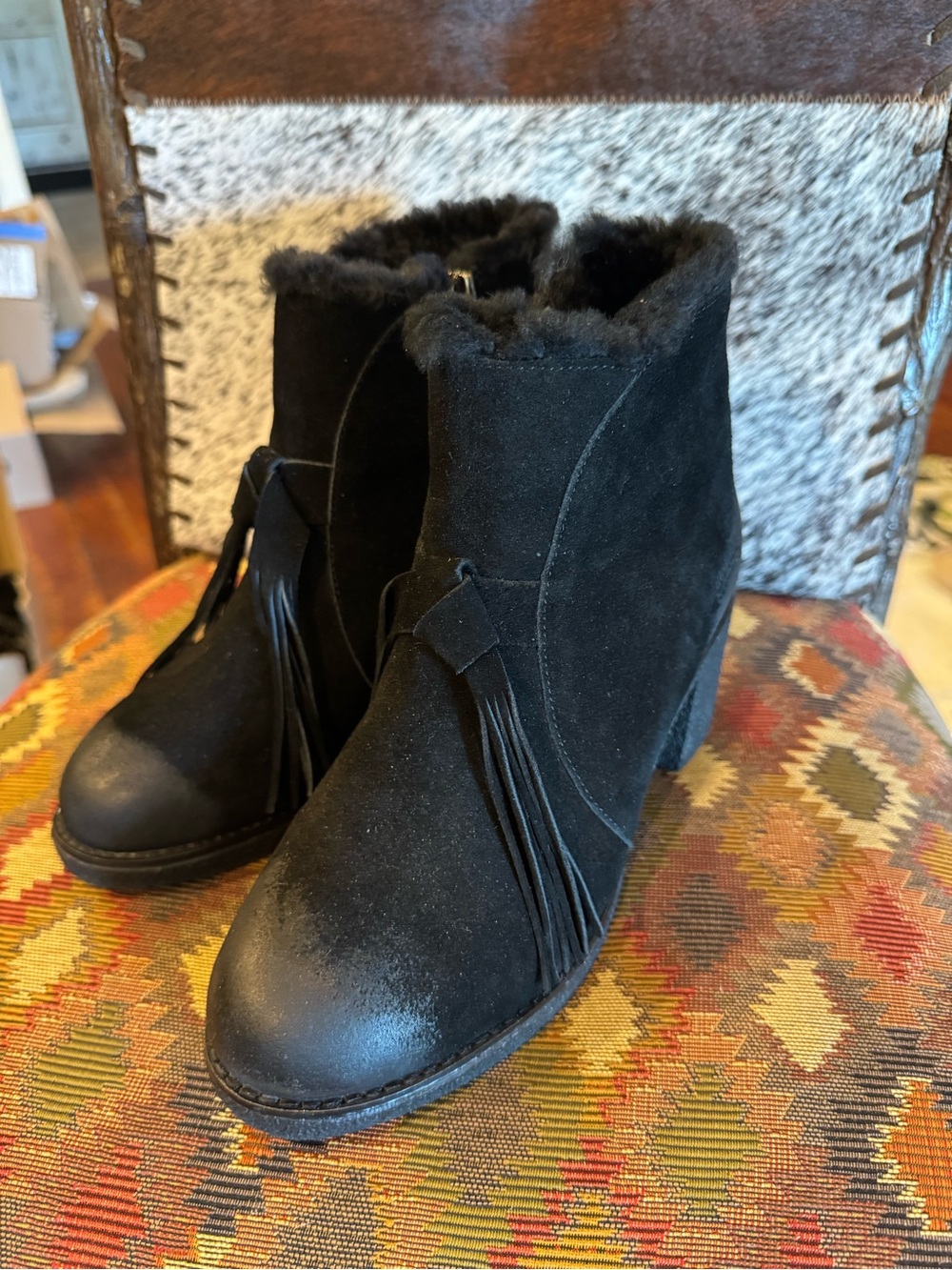 Women’s Black Suede Fringe Ankle Boots with Wool